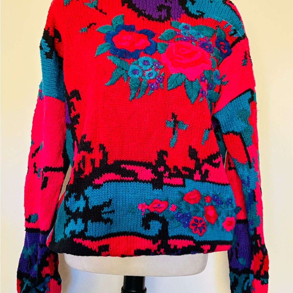 Vintage 80s Needleworks Sz L Floral Hand Knit Women's Sweater